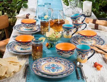 Набір посуду Euro Ceramica Zanzibar Collection, 16 частин, для кухні та їдальні, на 4 особи, з іспанським квітковим візерунком, блакитно-жовтий