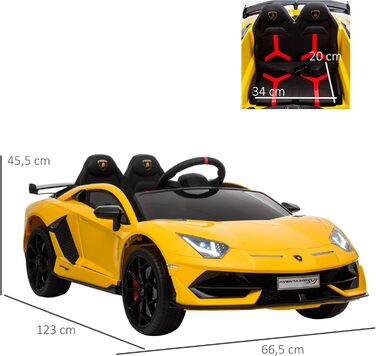 Електромобіль для дітей HOMCOM Lamborghini SVJ, ліцензія, 12V, металевий, жовтий, з дистанційним керуванням, музика, USB, для дітей 3-8 років