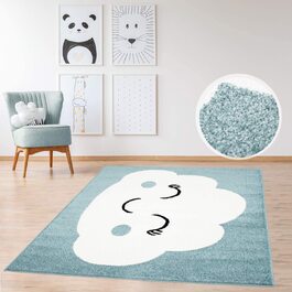Дитячий килим MyShop24h, килим з плоским ворсом, 140x200 см, пастельно-Блакитний, для дитячої кімнати, з веселою хмарою, килим для дитячої кімнати