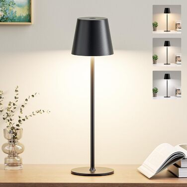 LED настільна лампа бездротова з акумулятором, 3 колірні температури, регулювання яскравості, сенсорне управління, USB-C зарядка, для дому та кемпінгу (чорна)