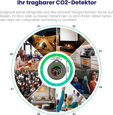 Портативний детектор CO для подорожей: міні-датчик вуглекислого газу з тривалим часом очікування (120 годин), для кемпінгу, дому та вулиці