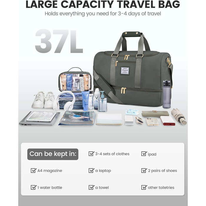 Спортивна сумка LOVEVOOK для жінок: дорожня сумка, weekender, з косметичкою, відділенням для взуття та мокрих речей, водонепроникна пляжна/басейнова/сауна сумка, ручна поклажа для подорожей, зелена