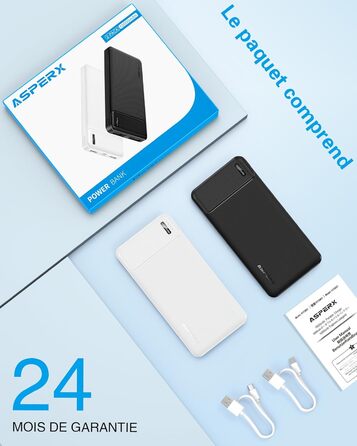 Набір AsperX Power Bank з 2 шт. , 10000 мАг (вхід/вихід USB-C) Тонкий зовнішній акумулятор, чорний/білий