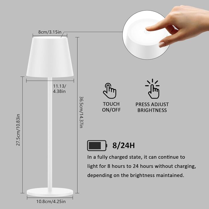 LED-лампа K-Bright на акумуляторі, 4 шт., диммер, 36.5 см, перезарядна, тепле світло 2700K, USB-C, IP54, бежевий колір