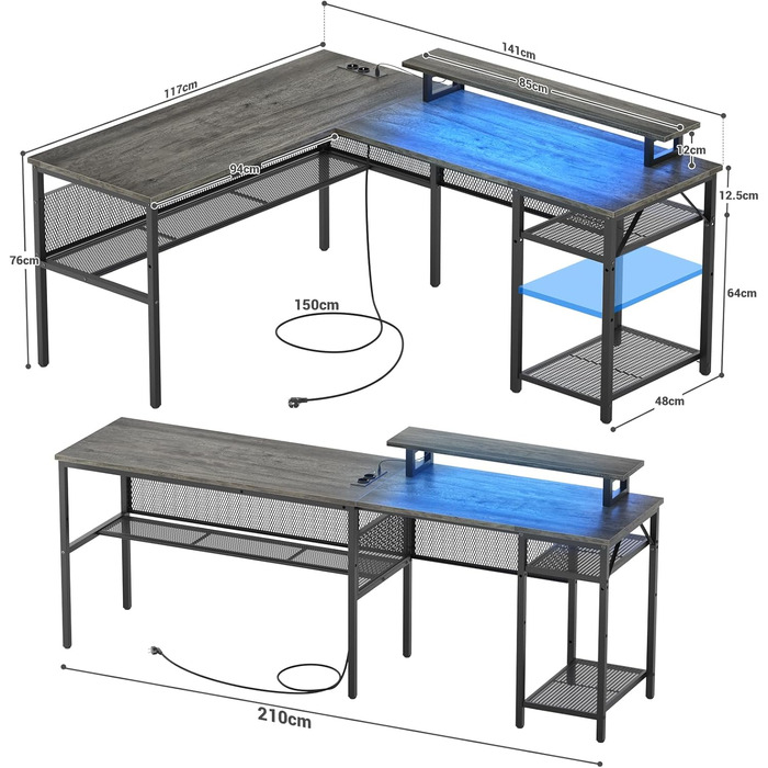 L-подібний ігровий стіл, 141x117x76 см, з полицею, для дому, офісу, навчання, ігор (гранатовий дуб)