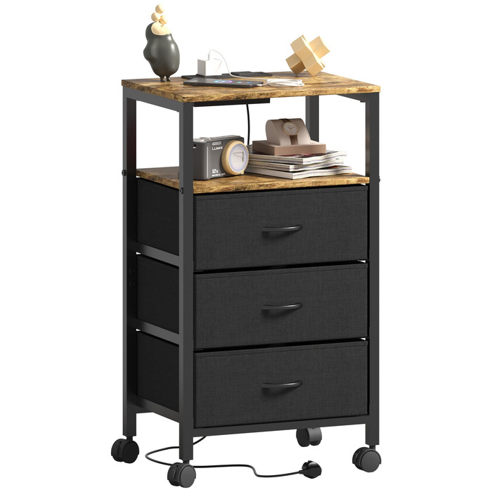 Нічний столик з бездротовою зарядкою, 2 розетки AC та 2 USB-порти, 3 шухляди, коліщатка, вінтажний дизайн, чорно-коричневий (для вітальні, спальні)