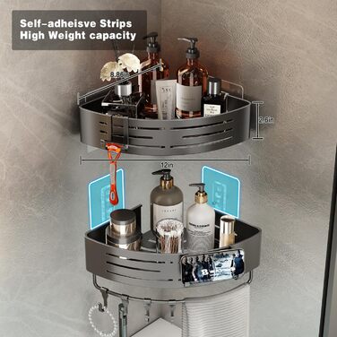 Поличка для душу Voldra без свердління, кутова поличка для ванної кімнати з присосками, металева поличка для душу з тримачем для рушників (2 шт., сіра)