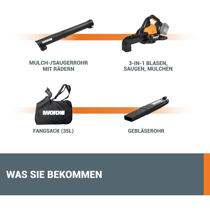 WORX WG505E Trivac: електроприлад 3-в-1 - повітродувка, пилосос та мульчер. Потужність 3000 Вт, швидкість повітря 335 км/год, об'єм всмоктування 600 м³/год, з мішком для збору листя 45 л.