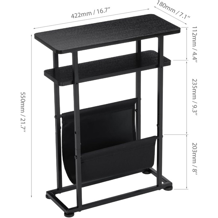 Маленький журнальний столик ZEXVIDA з тримачем для журналів, 2 в 1, вузький, для вітальні/спальні (чорний)
