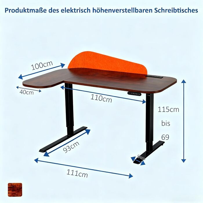 Електричний кутовий стіл з регулюванням висоти 150 см, L-подібний, з 4 пам'яттю, спліт-плита, для дому та офісу (150x68 см, коричнево-помаранчевий)