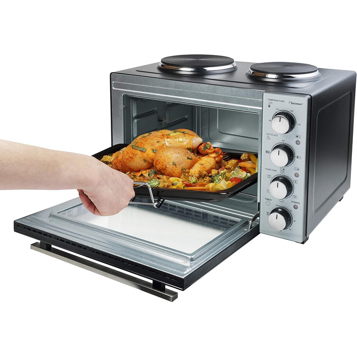Міні-піч Bestron AOV31PS з поворотним шампуром та каменем для піци, 1500 Вт, нержавіюча сталь (31 літр)