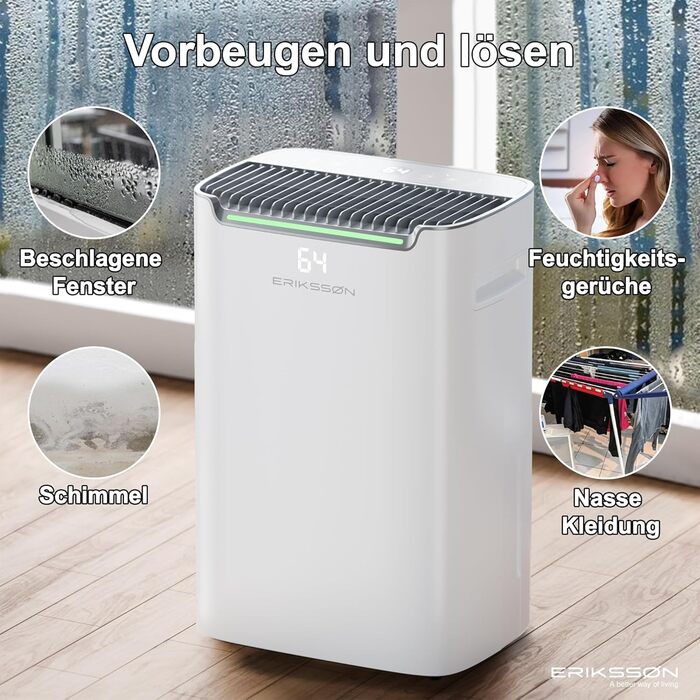 Електричний осушувач повітря з LED дисплеєм, таймером та захистом для дітей | Здатність осушувати 16 літрів вологи на добу | Для приміщень до 70 м² | Енергоефективний осушувач з датчиком вологості | Білий