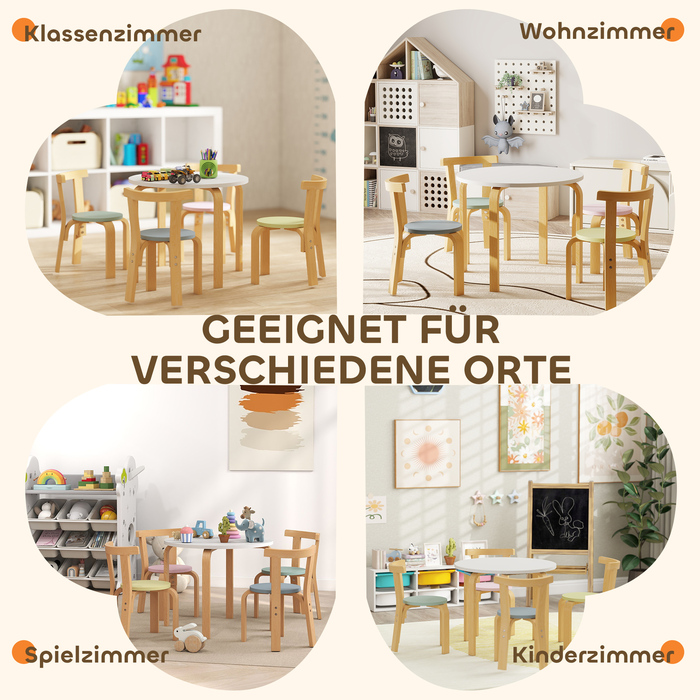 Набір дитячого столу та стільців на 5 місць, легкий, з масиву дерева, яскравих кольорів