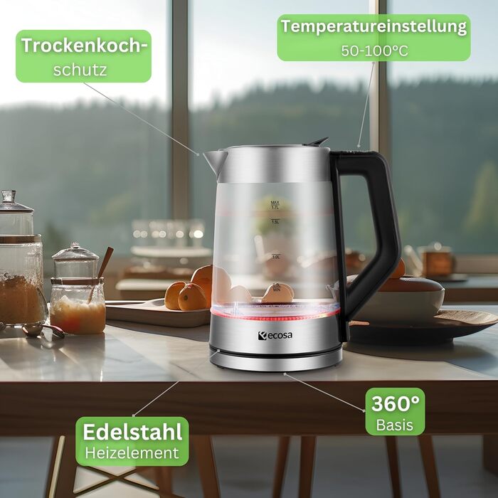 Електричний чайник-заварник зі скла та нержавіючої сталі, 1.7 л, 2200 Вт, з регулюванням температури, з підсвічуванням, BPA Free