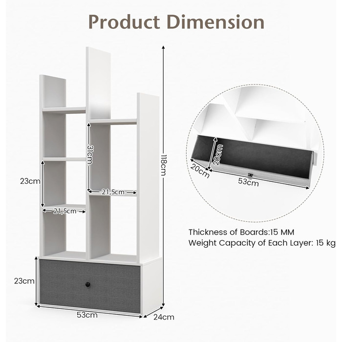 Книжкова шафа з 12 полицями та 2 висувними шухлядами, Дерев'яна офісна полиця, Стояча полиця з полицею проти нахилу, Полиця для зберігання для вітальні, кабінету, офісу (53 x 24 x 118 см, Білий)