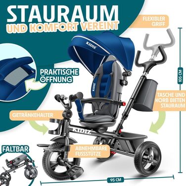 Триколісний велосипед KIDIZ 6-в-1 для дітей від 9 місяців до 25 кг: з ручкою, кошиком, сонцезахисним козирком, прогулянковий, синій