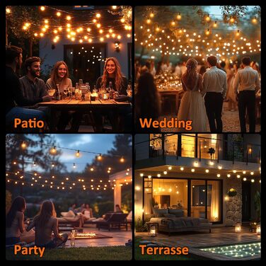 Ланцюжок прикрас для зовнішнього використання з таймером, 15 м LED-ланцюжок живлення на вулиці з 25+2 G40 лампочками, 4 режими та регульована яскравість. Водостійкий гірлянда для саду, балкону, тераси, вечірки, весілля (тепле біле світло)