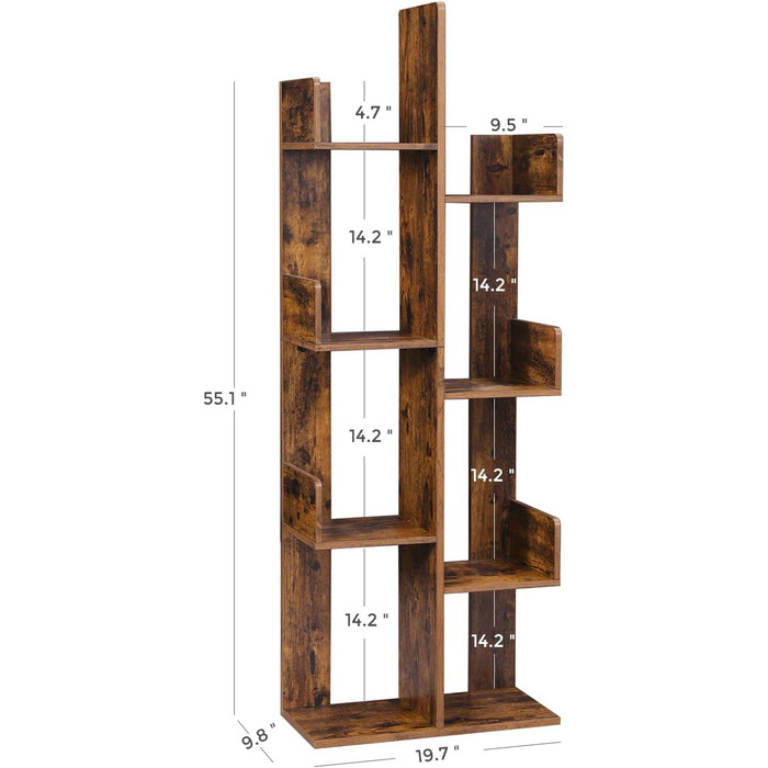 Книжкова шафа VASAGLE, у формі дерева, книжкова шафа з 8 відділеннями для зберігання, закруглені кути, сільський коричневий