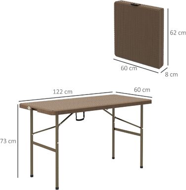Стіл для кемпінгу Розкладний стіл з ротангом, фуршет на 4 персони, садовий стіл для балкона, тераса, вантажопідйомність до 50 кг, HDPE, коричневий, 122 x 60 x 73 см