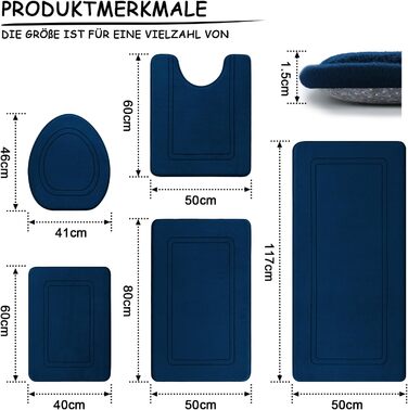 Набір килимків для ванної кімнати chakme з 5 предметів, піна з ефектом пам'яті, не ковзає, можна прати, темно-синій