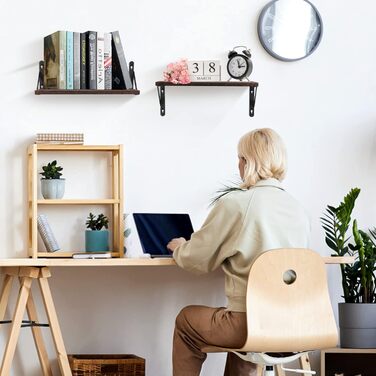 Настінна полиця з дерева Uten, рустикальна підвісна полиця з тримачем для рушників, 2 шт, темно-коричнева — для ванної, кухні, вітальні та спальні