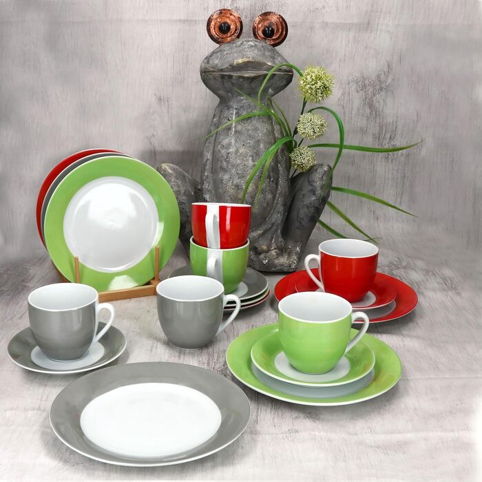 MamboCat Кавовий сервіс Trio 18 предметів: кавовий набір з 6 чашок, блюдець та тарілок (зелений, червоний, сірий)