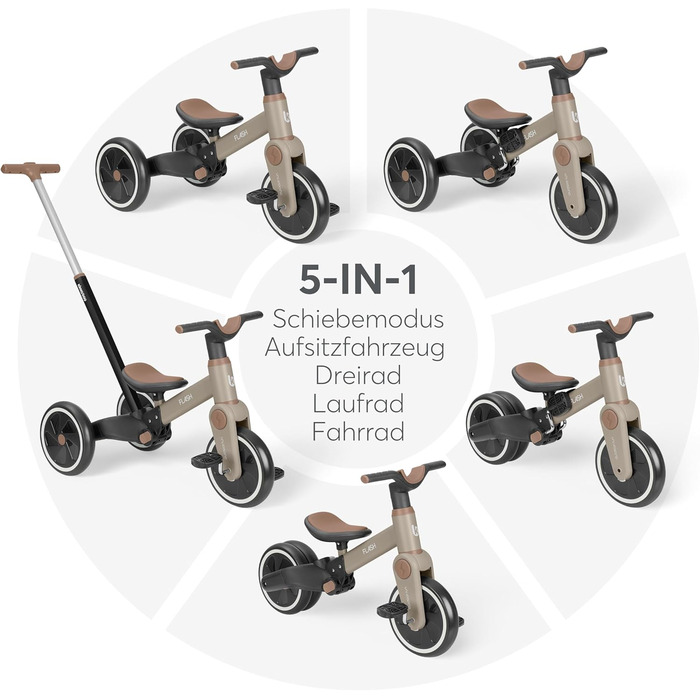 KikkaBoo Flash 5-в-1: Триколісний велосипед-каталка для дітей від 18 місяців, бежевий. З регульованою ручкою, EVA колеса, сталевий каркас.