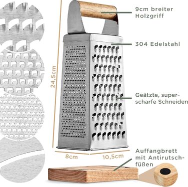 Нержавійна тертка WALDWERK Design для овочів та сиру з дерев'яним піддоном - кухонна тертка без пластику, квадратна