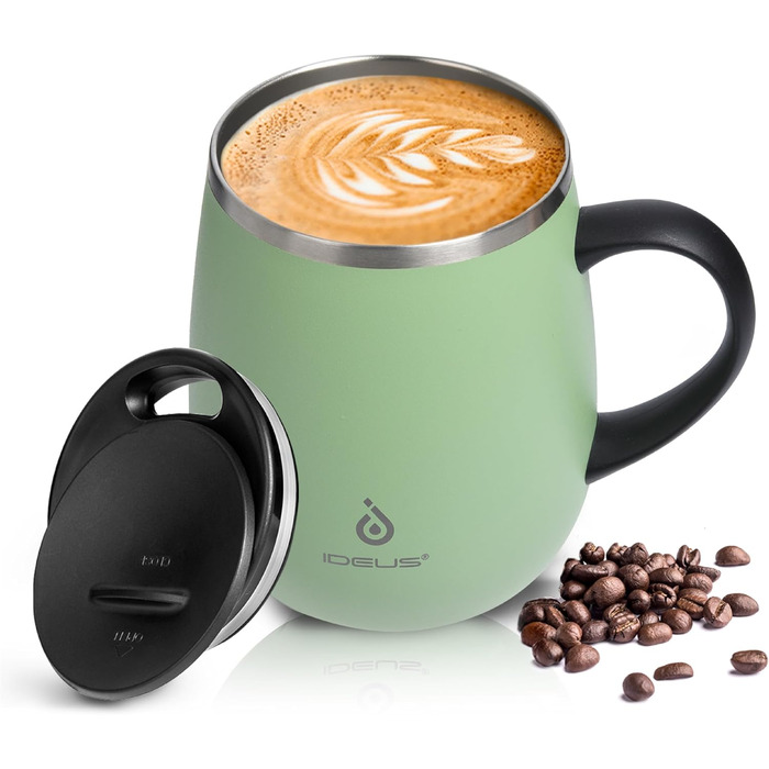 Кружка для кави та чаю Ideus 470 мл з нержавіючої сталі, подвійні стінки, ізольована, з неслизьким ручним тримачем та кришкою-модулем, великий об'єм, колір: трав'яний зелений