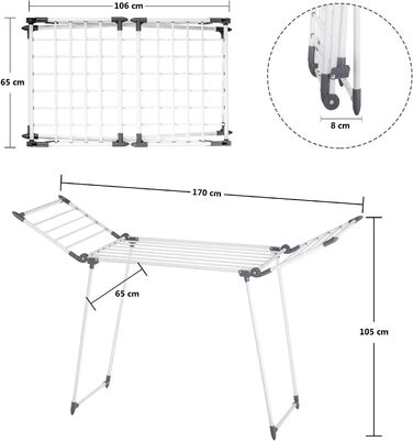 Сушильна машина Meisterhome Extra Stough DryRack з крилами для довгого одягу, сушильна машина Stable Wing - для приміщень і на відкритому повітрі - 19 м довжини сушильної лінії Чорний