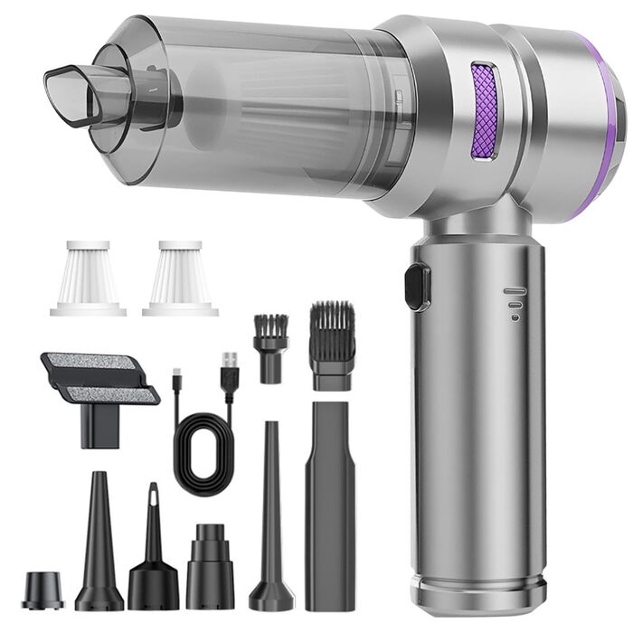Акумуляторний ручний пилосос 4 в 1 для авто та дому, безщітковий двигун 22000Па, потужність 6000 мАг, портативний електричний пилосос-подув з набором щіток (Сріблясто-фіолетовий)