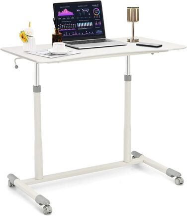Комп'ютерний стіл COSTWAY регулюється по висоті від 70-107 см, стіл мобільний з коліщатками, стіл для ноутбука з 2 гальмами, стіл для ноутбука (білий)