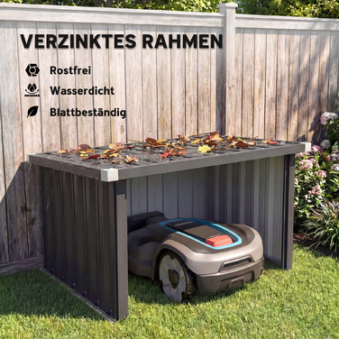 Гараж для робота-косарки зі сталі, 108 x 86 x 62,5 см. Гараж для робота-косарки з похилим дахом та захисним бордюром, виготовлений з оцинкованої сталі.