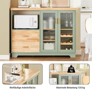 Буфет-комод SoBuy з скляними дверцятами, шухлядами та робочою поверхнею 120 см, нішею для мікрохвильової печі та полицею для вина. Кухняні меблі для вітальні та їдальні. Колір: зелений, розмір: 120x90x40 см