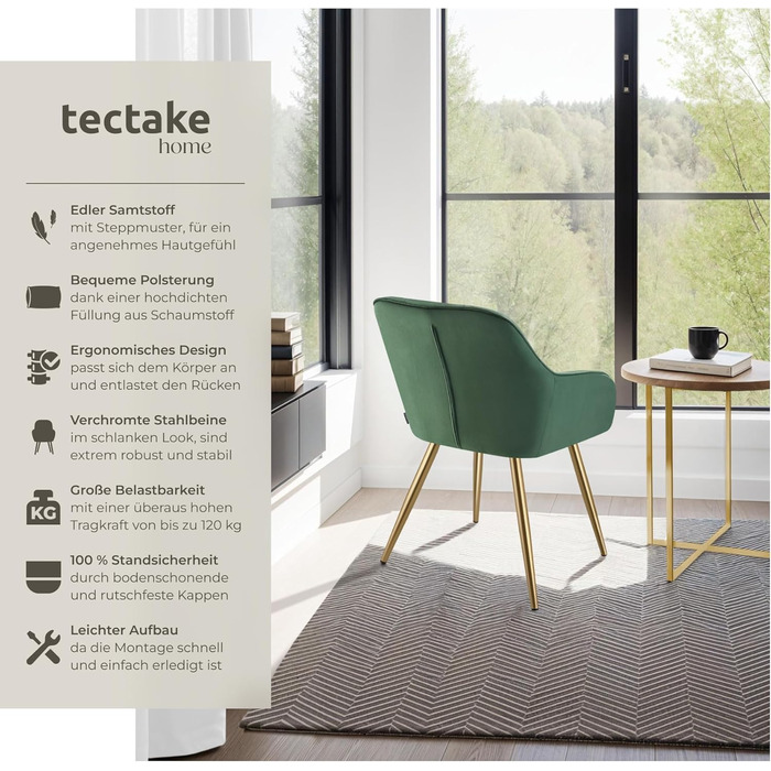 Крісло tectake® з оксамиту, сучасні кухонні стільці, крісло для вітальні, стілець для туалетного столика - (набір 1 шт, темно-зелений/золотий)