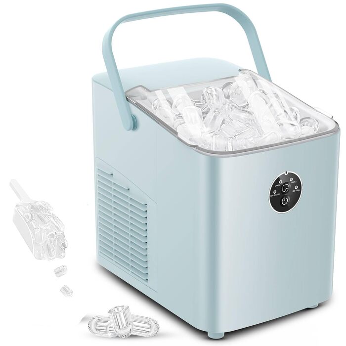 Льодогенератор FOHERE 14 кг/24 год, швидке виробництво льоду (5 хв), 2 розміри кулеподібного льоду, самоочищення, з ручкою, лопаткою та кошиком, для дому, офісу, вечірок (BabyBlue)