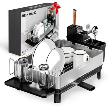 Сушарка для посуду Ewaiira з нержавіючої сталі, чорна, 1 ярус, з обертовим краном 360° та тримачем для столових приладів