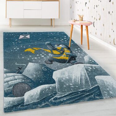 Дитячий килим HomebyHome з коротким ворсом пінгвін 140x200 см синій