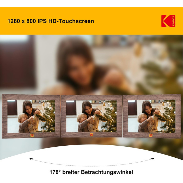 Цифровий фоторамка Kodak WiFi, 8 дюймів, IPS сенсорний екран, 32GB, автоматичне обертання, коричневе дерево