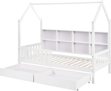 Ліжко дитяче 80x160 см з ящиками та віконцем, масивне дерево, захист від падіння, ламелі, для хлопчиків та дівчаток, ліжко-будиночок, без матраца, білий колір