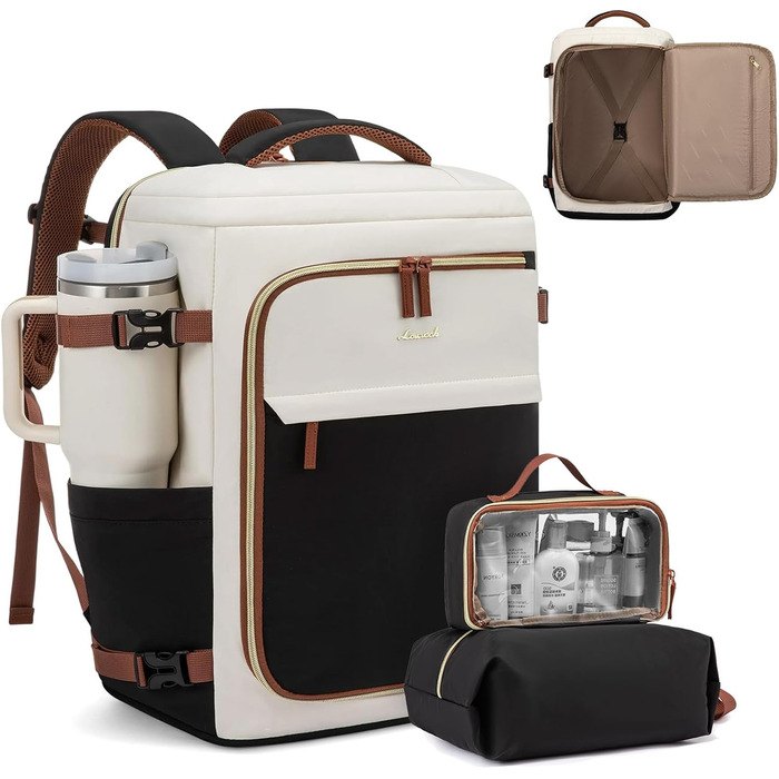 Рюкзак для подорожей LOVEVOOK 40L для жінок, ручна поклажа, рюкзак для авіаперельотів, сумка-рюкзак для бізнесу, школи, вихідних, бежевий хакі (17 дюймів, 40L, чорний+бежевий+коричневий)