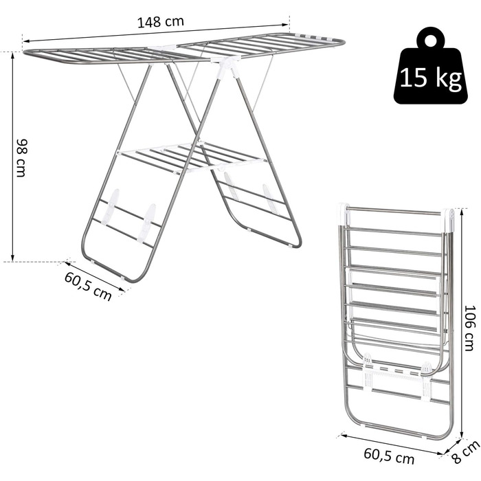Складна сушильна стійка HOMCOM, портативна сушильна машина з крилами, підлогова сушарка з телескопічними штангами, нержавіюча сталь, пластик, срібло, білий, 146 x 60.5 x 98 см