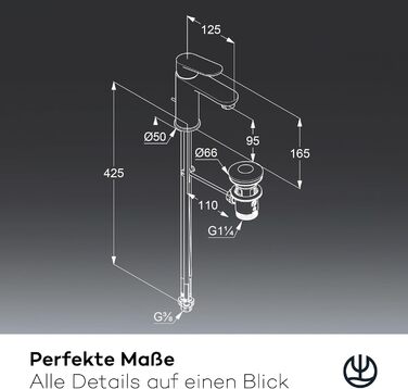 Змішувач для умивальника KLUDI-X1 низького тиску, висота виливу 95 мм, водозберігаючий, розмір M, з керамічним картриджем, хром, з 3 штуцерами (для бойлера), для ванної кімнати