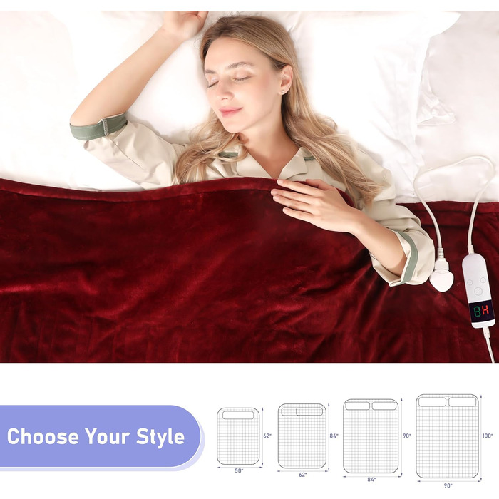 Електрична гріюча ковдра з автовимкненням, 130x180 см, 10 режимів нагріву, таймер 8 годин, захист від перегріву, фланель, машинне прання, для дому та офісу, червона, 130 x 180 см