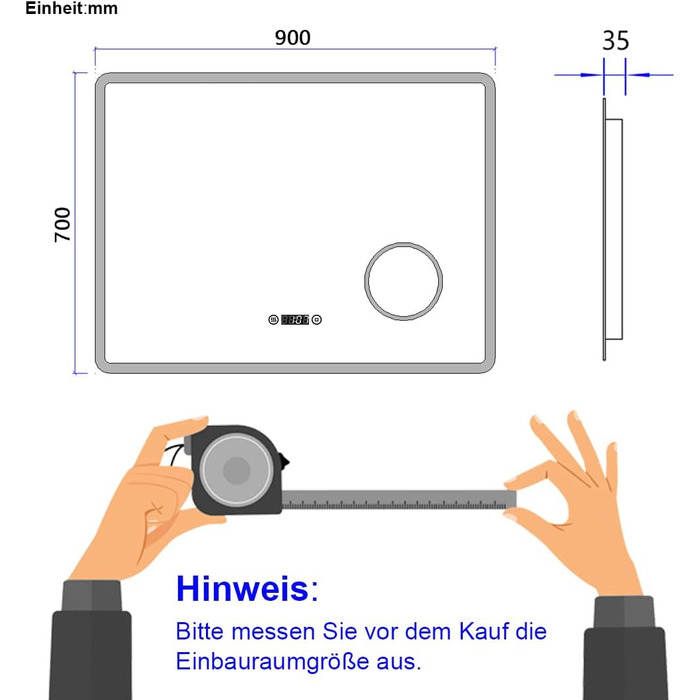 LED дзеркало для ванної кімнати EMKE 90x70 см з підсвічуванням, годинником та захистом від запотівання, IP44