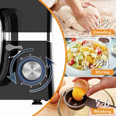Кухонна машина 1500W з чашею 6.2L з нержавіючої сталі, 6 швидкостей, міксер для тіста, з набором насадок (вічорник, гак для тіста, вінчик), кришка-розбризкувач та скребок для тіста, чорна