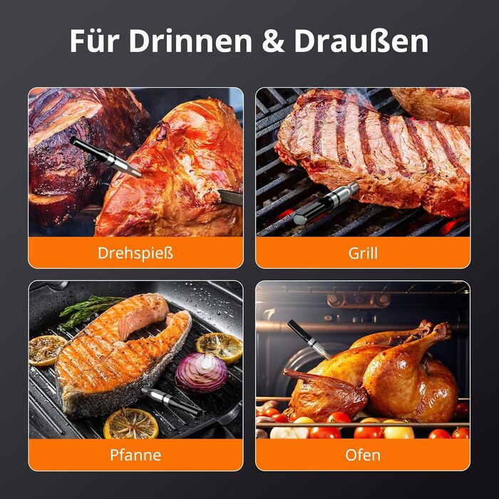 Бездротовий термометр для м'яса AIRMSEN з акумулятором 1000mAh, Bluetooth, LCD-дисплей, дальність 150м, керування через додаток, для приготування на грилі та барбекю, чорний