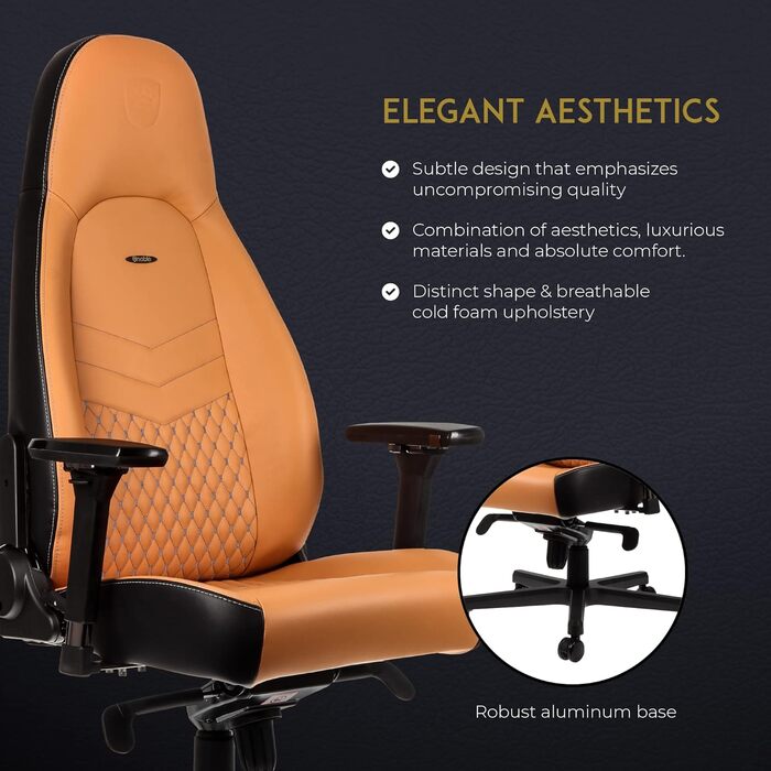 Noblechairs ICON Cognac/Schwarz: Ігровий крісло з екошкіри, 150 кг, ергономічний офісний крісло з підлокітниками