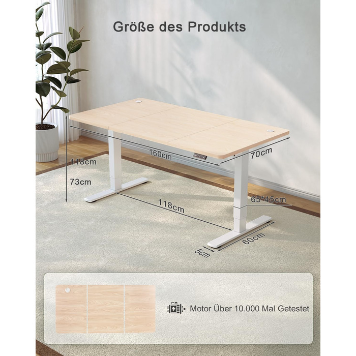 Регульований стіл JUMMICO 160 x 70 см з USB-портом для зарядки, електричний, стоячий/сидячий, бежевий