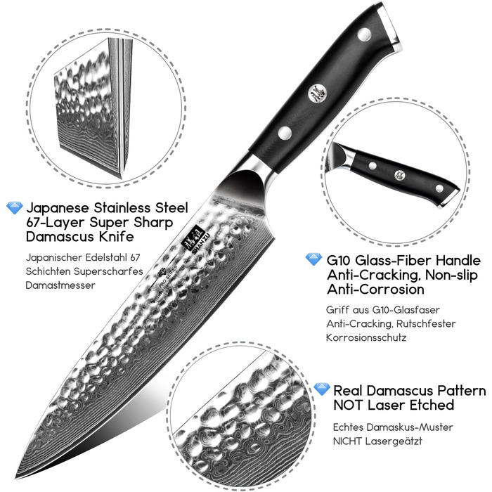 Ніж кухарський SHAN ZU Damast Pro Series 20 см з 67 шарів дамаст сталі та ручкою G10